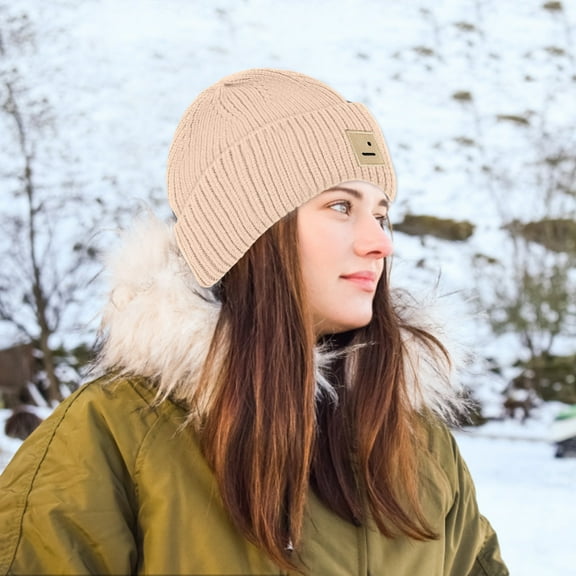 Dyfzdhu Women Men Winter Funny Embroidery Knitted Fashion Solid Hats Raccoon Warm Outdoor Ski Cap Trim Hat With Fleece Beige