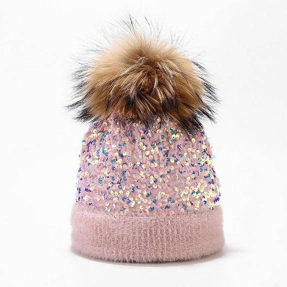 Dyfzdhu Women Outdoor Warm Knitted Hat Dyed Raccoon Ball Sequined Ear Protection In Winter Pink