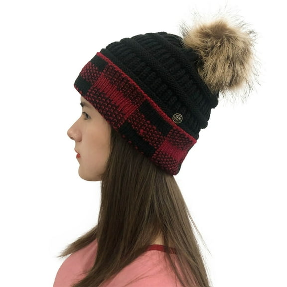 Dyfzdhu Women Plaid Stitching Outdoor Plush Hats Crochet Knit Button Beanie Cap Red