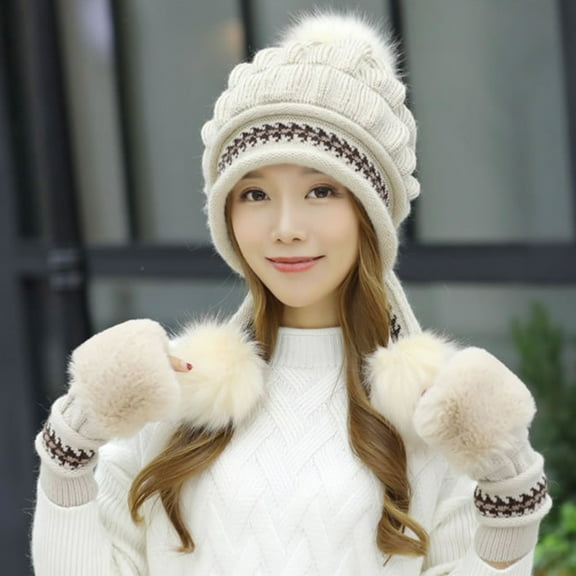 Dyfzdhu Women Plush Knitted Hat Warm Woolen Thick Ball Ear Protection Cap Berets Beige