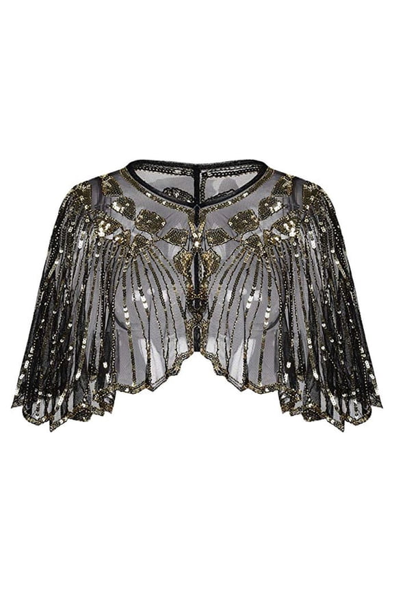 Women Retro Shawl Elegant Shiny Beaded Sequin Bolero Evening Party Cape Flapper Gold
