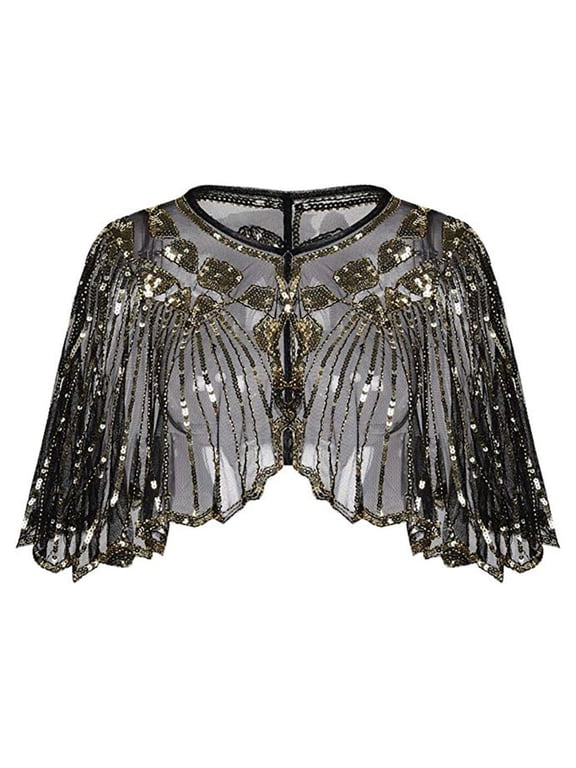 Women Retro Shawl Elegant Shiny Beaded Sequin Bolero Evening Party Cape Flapper Gold