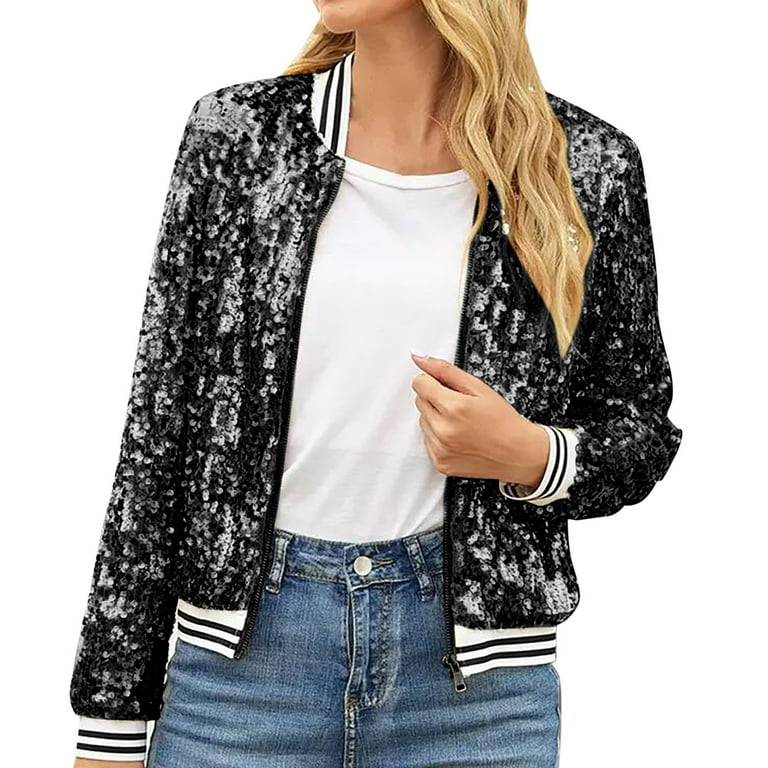 Dyfzdhu Women Sequin Jacket Trendy Long Sleeve Shiny Sequins