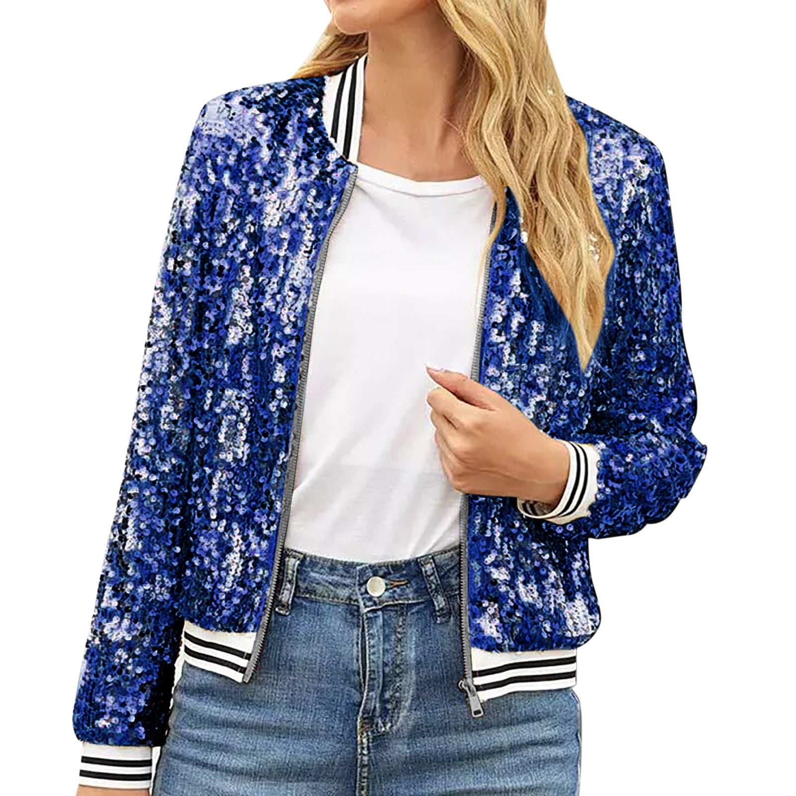 Ubuy Sequin Bomber Jacket Plus Size Purple Glitter Blazer Plus - Main Image