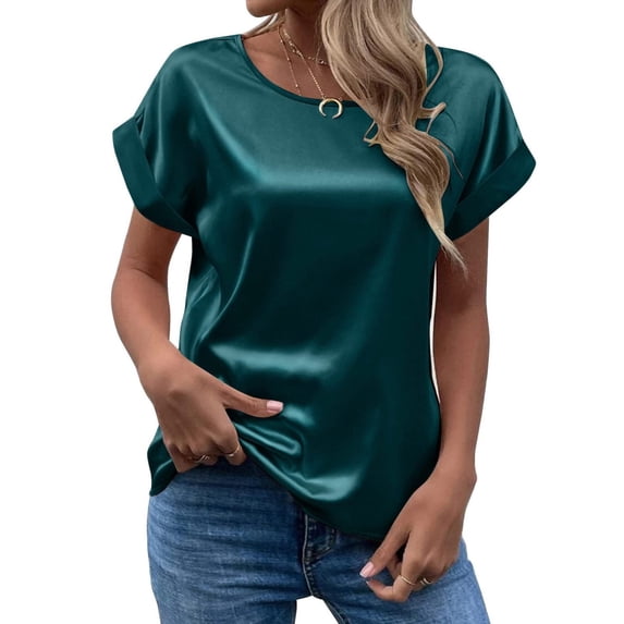 Dyfzdhu Women Short Sleeve T Shirts Crew Neck Summer Tops Comfort Satin Dressy Casual Blouse Loose Casual Tee Green L