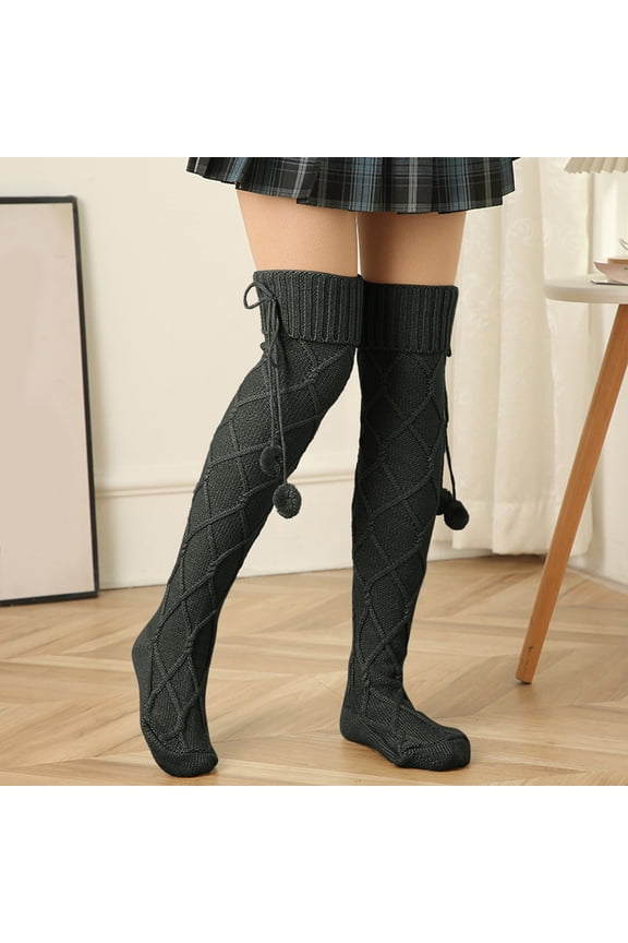 Women Simple Fashion Solid Color Knit Tall Socks Wool Ball Texture Long Tube Pile Socks