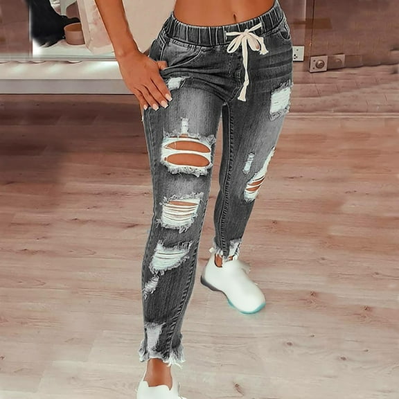 Dyfzdhu Women Solid Color Bandage Ripped High Jeans Flares Ankle Fashion Pants Trouser Gray
