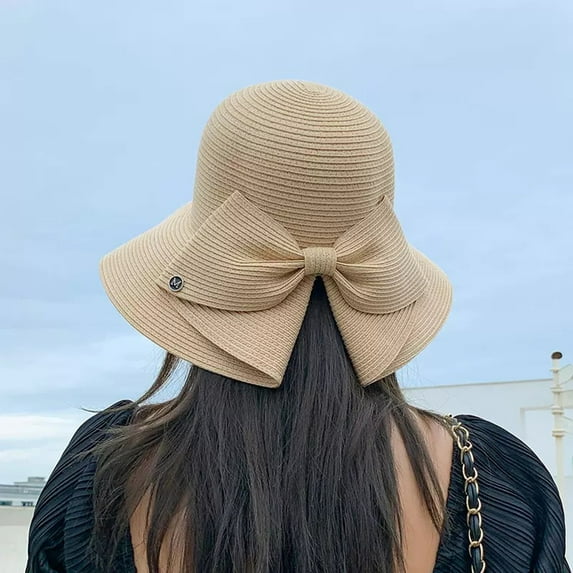 Dyfzdhu Women Spring Summer Outings Bowknot Big Brim Beach Hat Fashion Sun Sunshade Beige