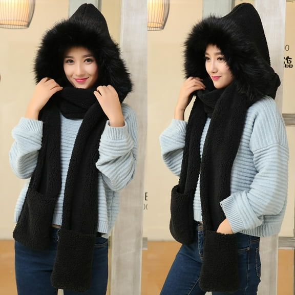 Dyfzdhu Women Thick Wool Collar Hat Ear Protectors Warm Plush Scarf Gloves Set Black