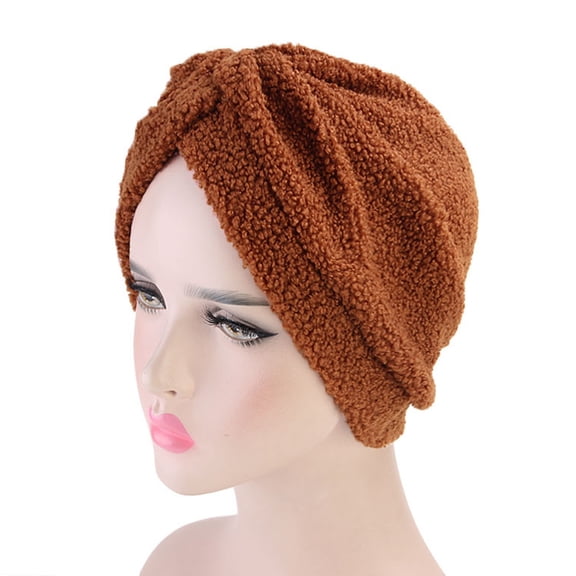 Dyfzdhu Women Warm Fluffy Winter Solid Hat Turban Brim Cap Pile Brown