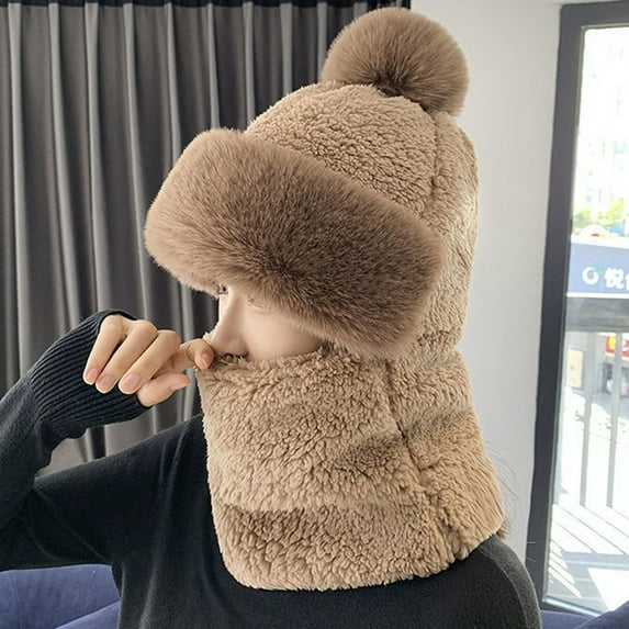 Dyfzdhu Women Windproof Scarf Hat Winter Warm Set Soft Knitted Plush Khaki