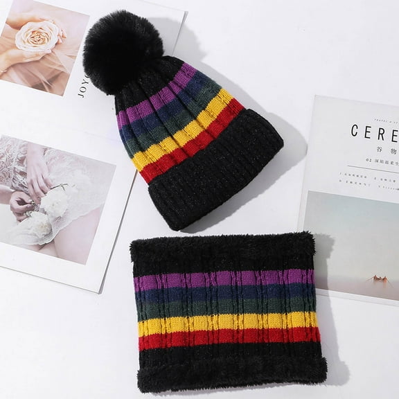 Dyfzdhu Women Winter Color Matching Warm Ear Protection Two-Piece Knitted Hat Tube Scarf Black