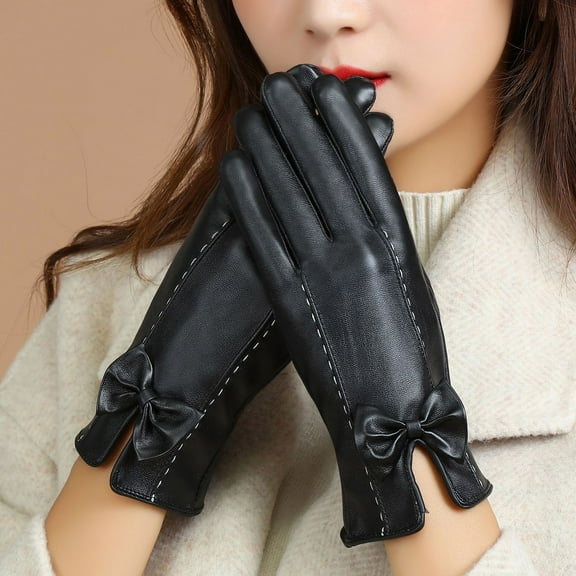 Dyfzdhu Women Winter Imitation Leather Gloves Plush Gloves Bowknot Warm PU Gloves
