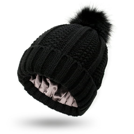 Dyfzdhu Women Winter Knitted Beanie Hat With Faux Pom Warm Knit Cap Hats For Black