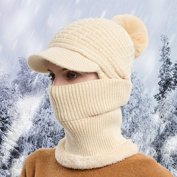 Dyfzdhu Women Winter Slouchy Knit Warm Hats Wool Cap Scarf Integrated Pullover Cute Outdoor Ear Protection Knitted Hat Beige