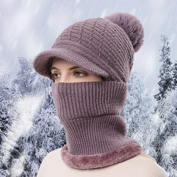 Dyfzdhu Women Winter Slouchy Knit Warm Hats Wool Cap Scarf Integrated Pullover Cute Outdoor Ear Protection Knitted Hat Purple