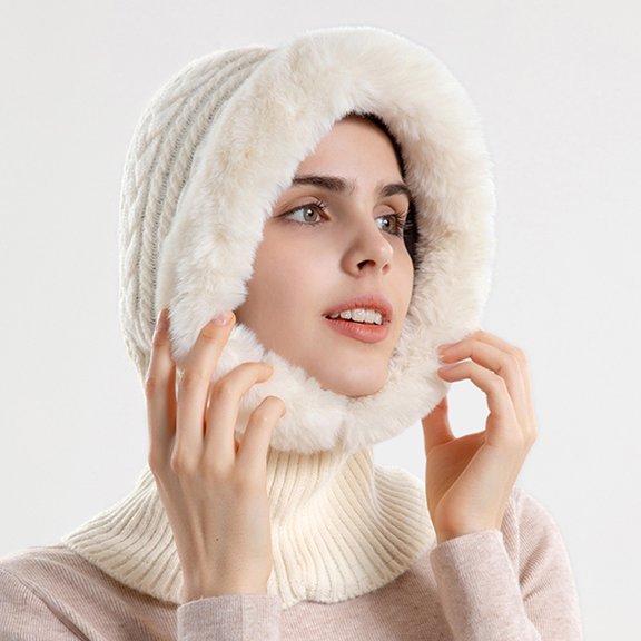Dyfzdhu Women Winter Slouchy Knit Warm Hats Wool Cap Scarf Integrated Pullover Cute Outdoor Ear Protection Knitted Hat