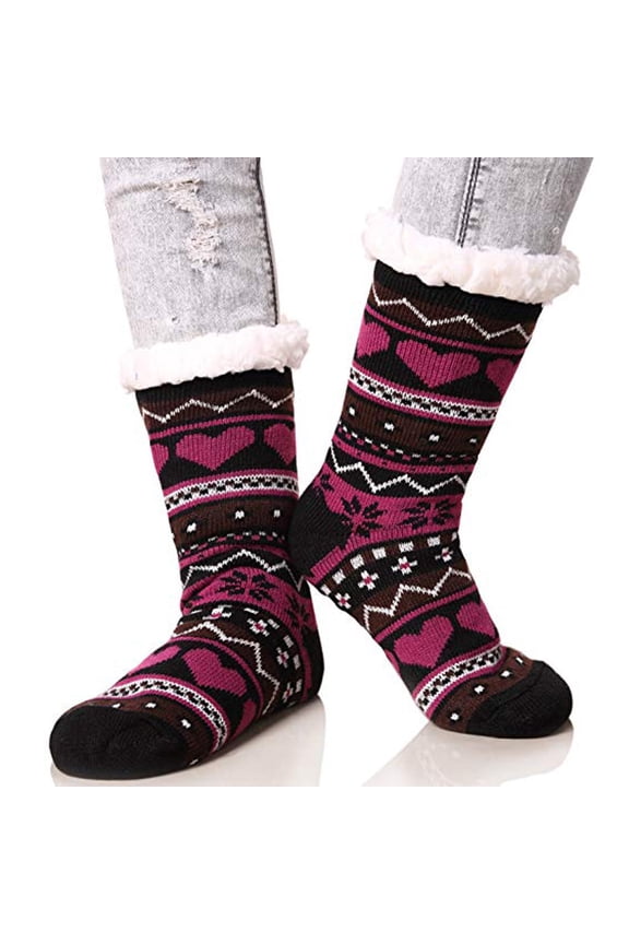 Women Winter Super Soft Warm Cozy Fuzzy -lined Heart Pattern With Gripp