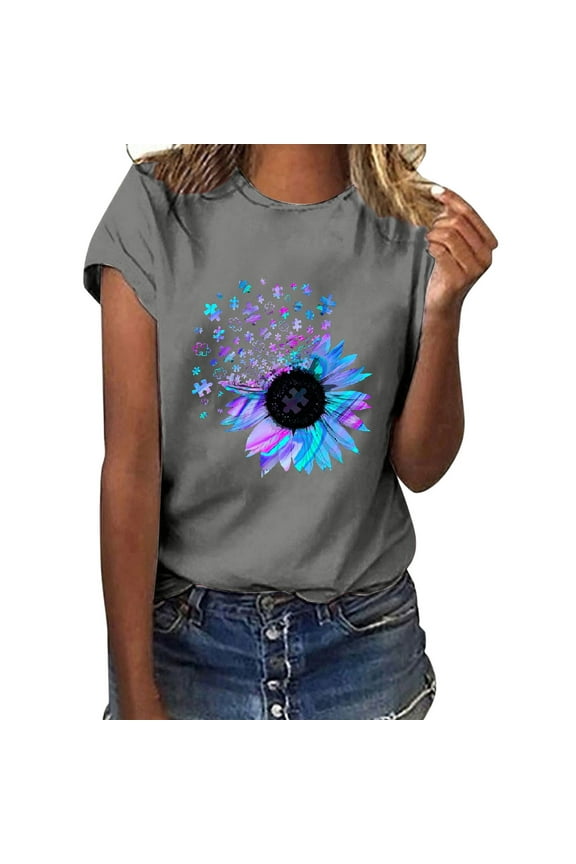 Womens Graphic T Shirts Juniors Short Sleeve Sunflower Graphic Tees Casual Crew Neck Summer Tunic Tops Gray