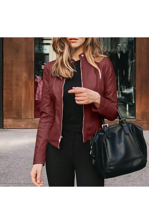 Womens Leather Jacket Motorcycle Long Sleeve Open Front Cropped Coat Plus Size Wine Red