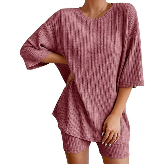 Dyfzdhu Womens Pajama Sets 2 Ribbed Knit Pajamas Matching Outfits T Shirt Biker Shorts Sleepwear Sweatsuits Sleepwear Loungewear