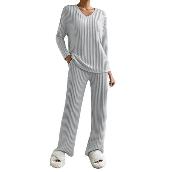 Dyfzdhu Womens Pajama Sets Fashion Casual Straight Leg Pants Loose V Neck Knit Set Sleepwear Loungewear