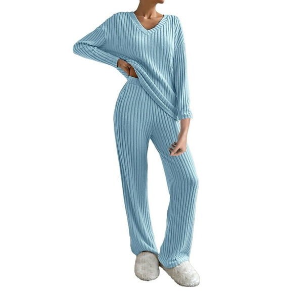 Dyfzdhu Womens Pajama Sets Fashion Casual Straight Leg Pants Loose V Neck Knit Set Sleepwear Loungewear