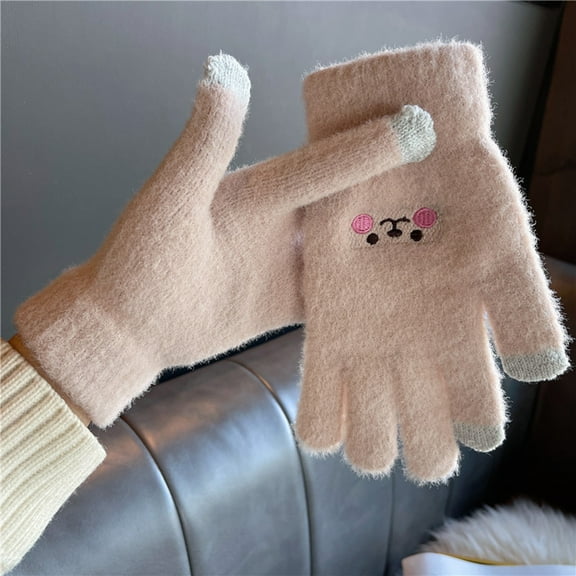 Dyfzdhu Womens Winter Knitting Cartoon Bear Gloves With Fleece Five Fingers Minute Finger Warm Gloves