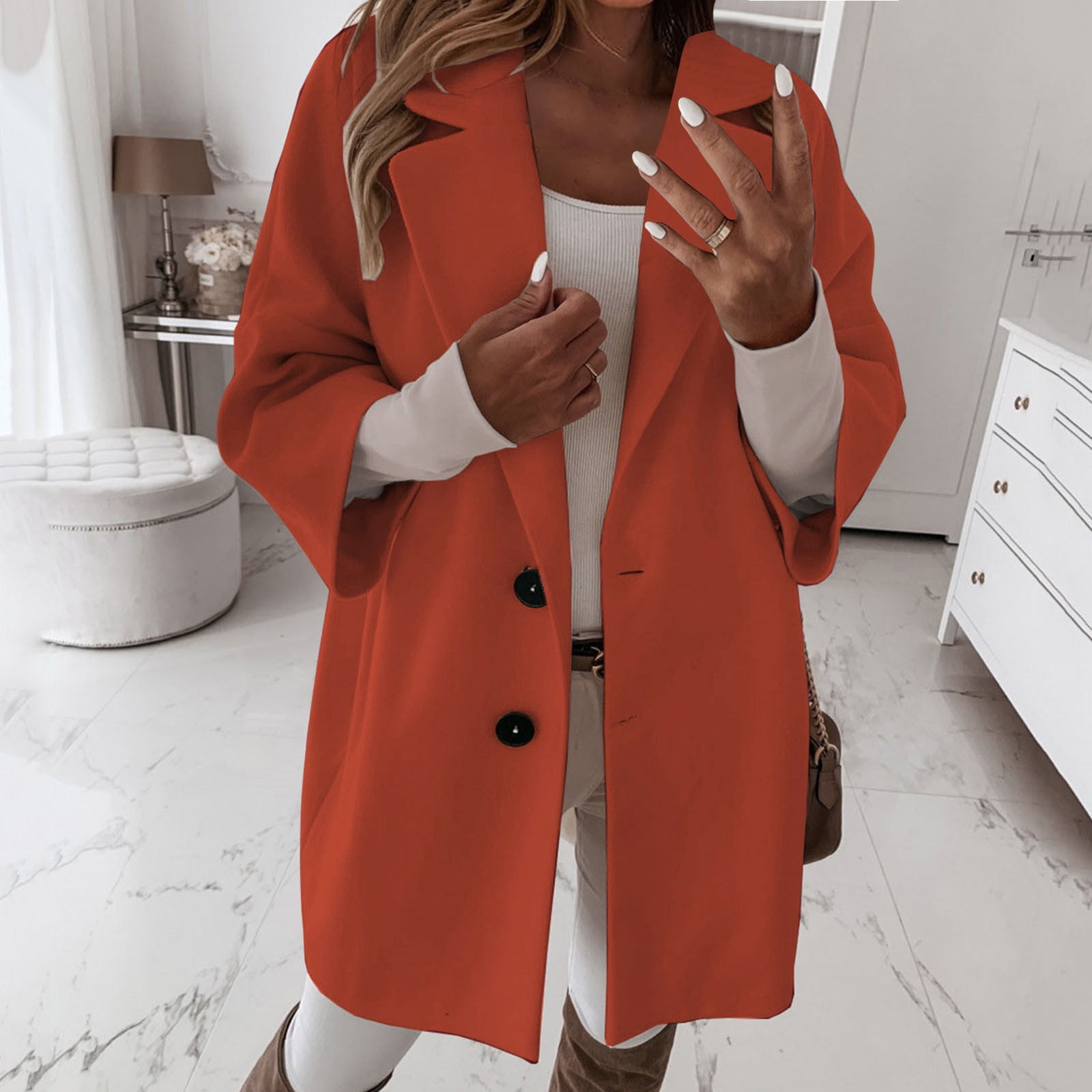 Dyfzdhu Wool Coats for Women 3/4 Sleeve Button Down Trench Coat 