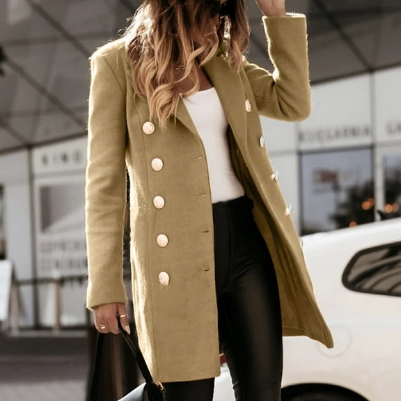 Dyfzdhu Wool Coats for Women Faux Thin Coat Trench Jacket Ladies Slim Long Overcoat Outwear Khaki
