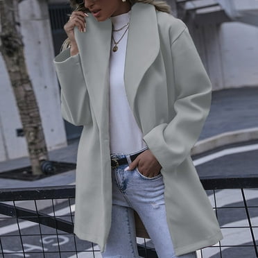 Dyfzdhu Wool Coats for Women Faux Thin Coat Trench Jacket Warm Slim Long Overcoat Outwear Grey