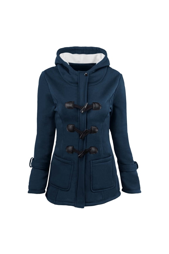 Dyfzdhu Wool Coats for Women Plus Size Casual Horn Buttons Duffle Coat Hooded Thickened Fleece Lined Jacket Dark Blue