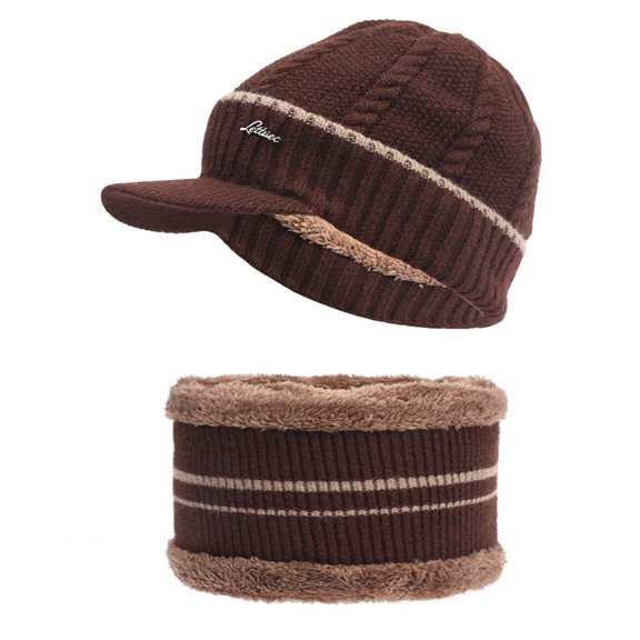 Dyfzdhu Woolen Cap Men Plus Velvet Hat Riding Warm Hood Knit Bib Suit Brown