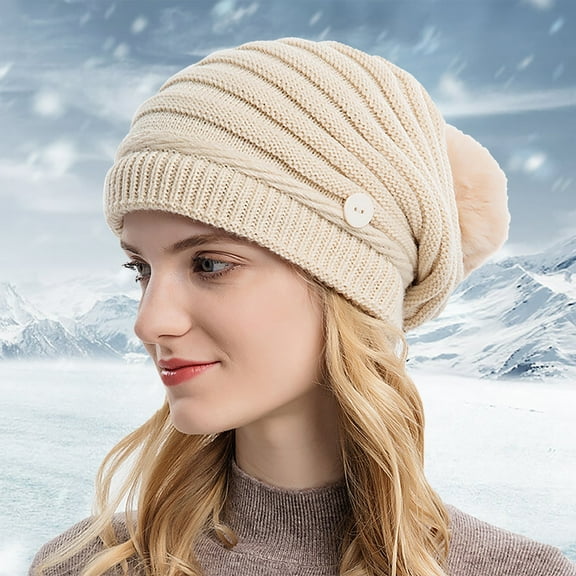 Dyfzdhu Woolen Hat Women Fashion Wrap Warm Ear Protection Windproof Knit Hairball Beige
