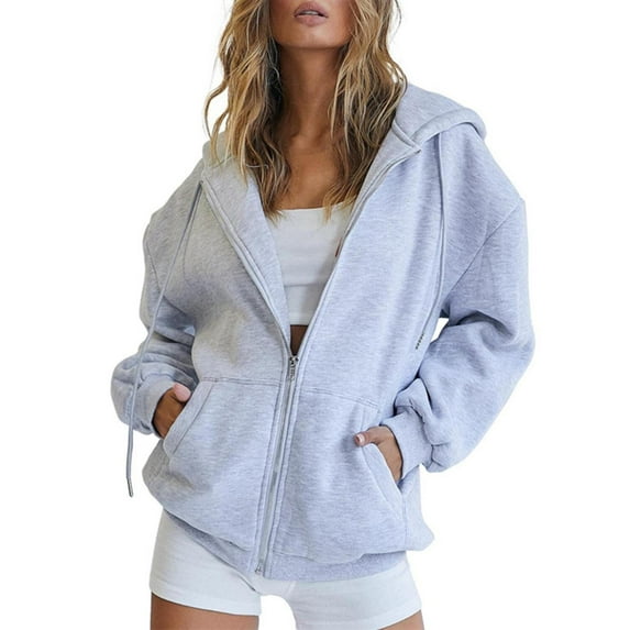 Dyfzdhu Zip Up Hoodie for Women Spring Fall Oversized Sweatshirt With Pocket Casual Drawstring Solid Color Long Sleeve Jacket Grey