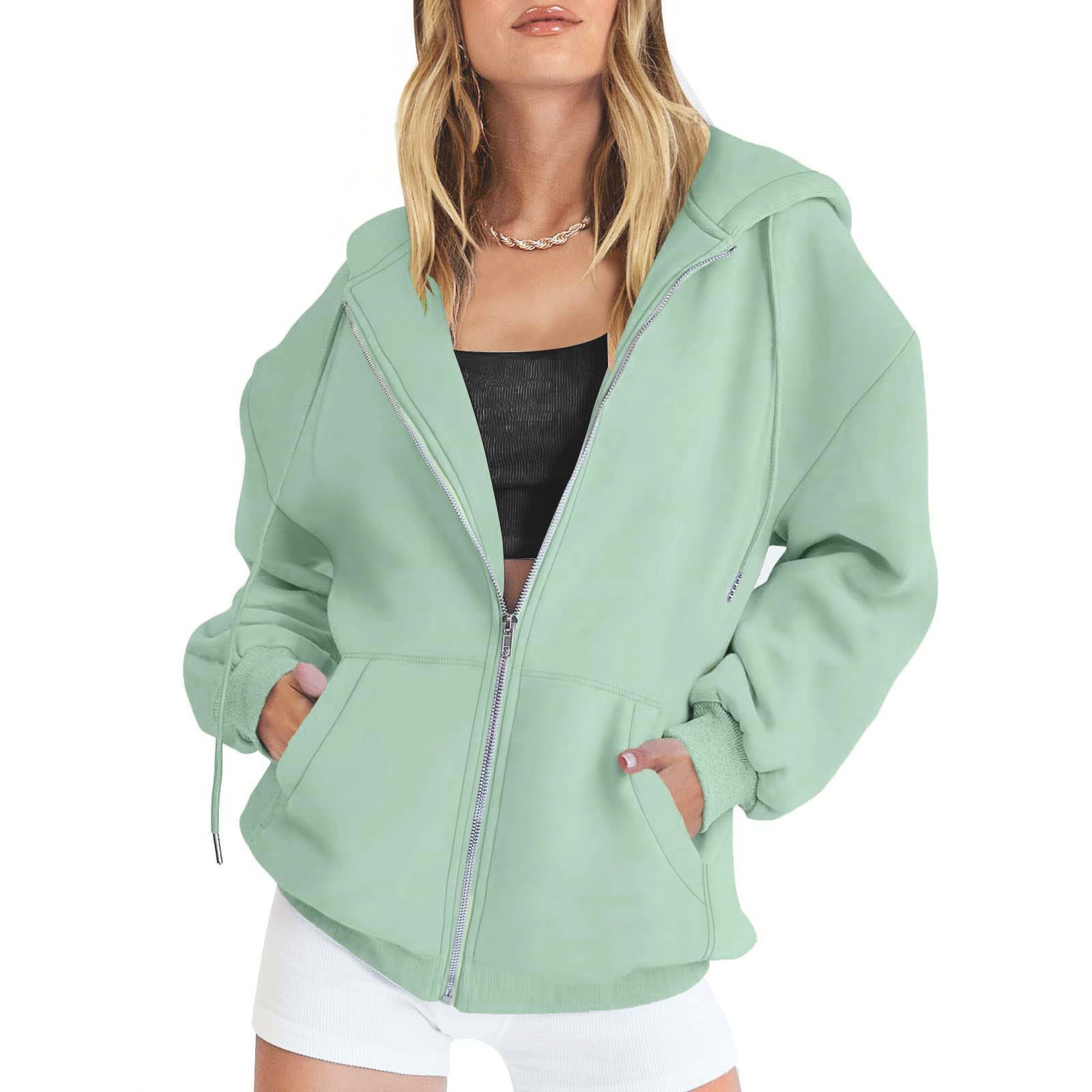 Dyfzdhu Zip up Hoodie for Women Fall Oversized Sweatshirt With Pocket Casual  Drawstring Solid Color Long Sleeve Jacket Sky Blue 