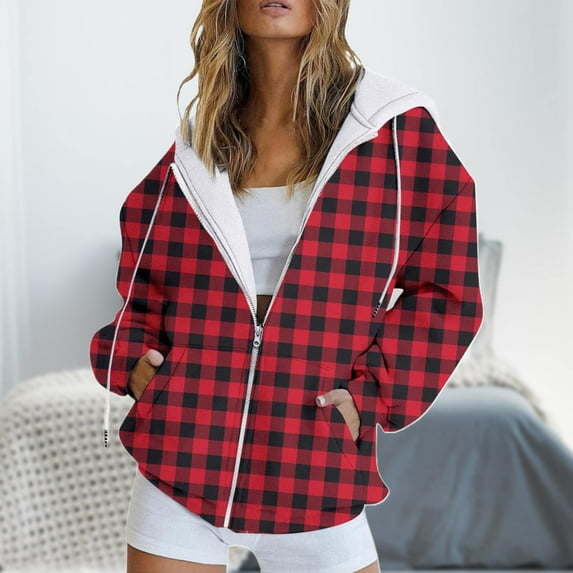 Dyfzdhu Zip up Hoodies for Women Casual Plaid Long Sleeve Jacket Drawstring Hooded Sweatshirt With Pocket Plus Size