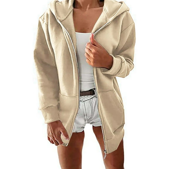 Dyfzdhu Zip up Hoodies for Women Lined Thickened Long Sleeve Hooded Jacket Fall Winter Solid Sweater Beige