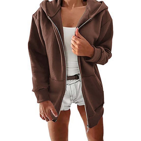 Dyfzdhu Zip up Hoodies for Women Lined Thickened Long Sleeve Hooded Jacket Fall Winter Solid Sweater Brown