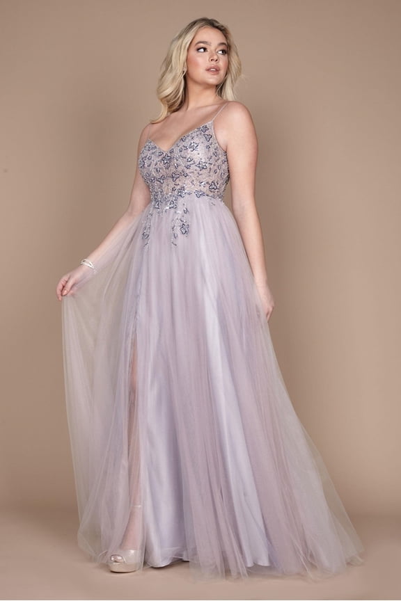 Long Jeweled Beaded Tulle Prom Dress