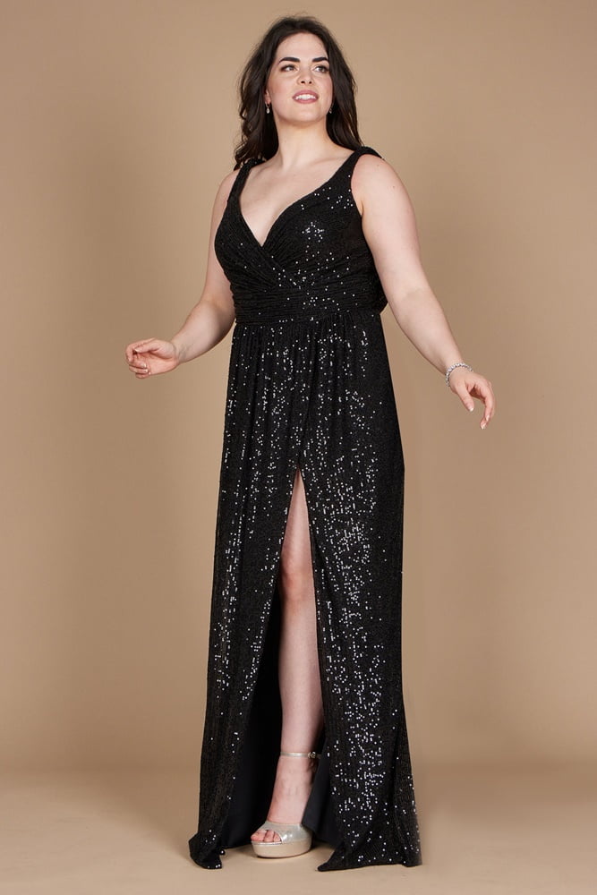 plus size black sequin dress Kleo Sequin Evening Dress Plus Stage Secrets perfect for throughout pregnancy and beyond Plus Size V-Neck Sequin Double