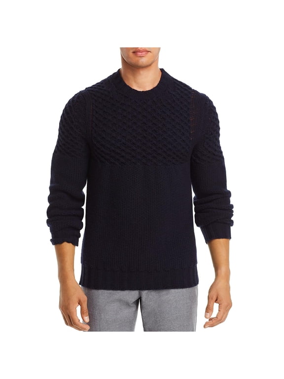 Mens Merino Wool Cable Knit Crewneck Sweater Navy L