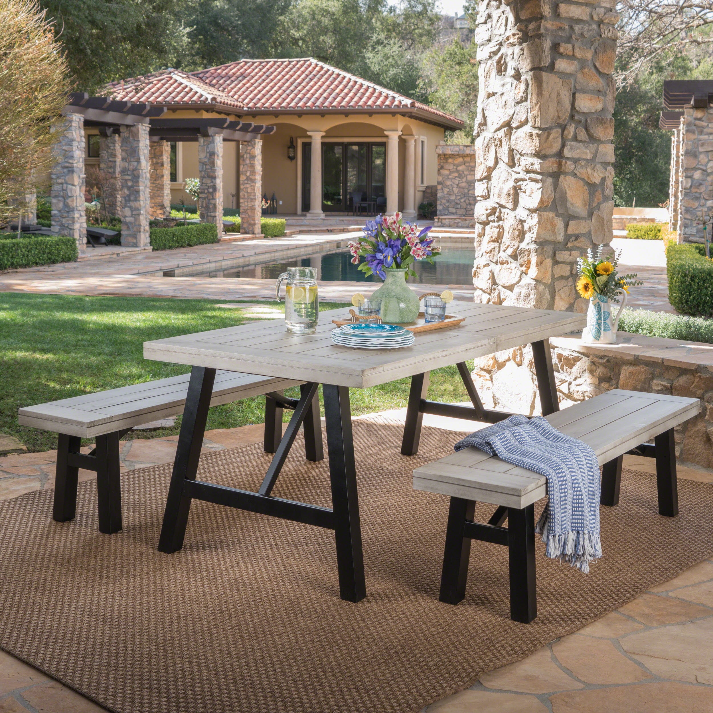 Light Gray Acacia Wood Outdoor Dining Set with Black Legs