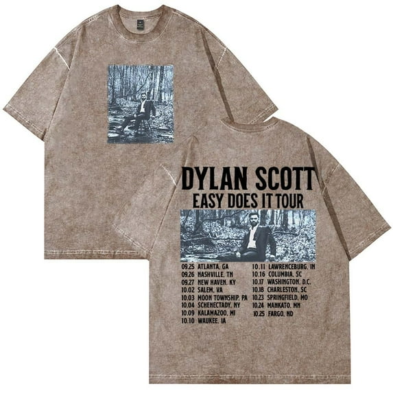 Dylan Scott Easy Does It Tour 2025 Merch Unisex Cotton Washed Short Sleeve Crew Neck Trendy Casual T-Shirt,XL,Brown