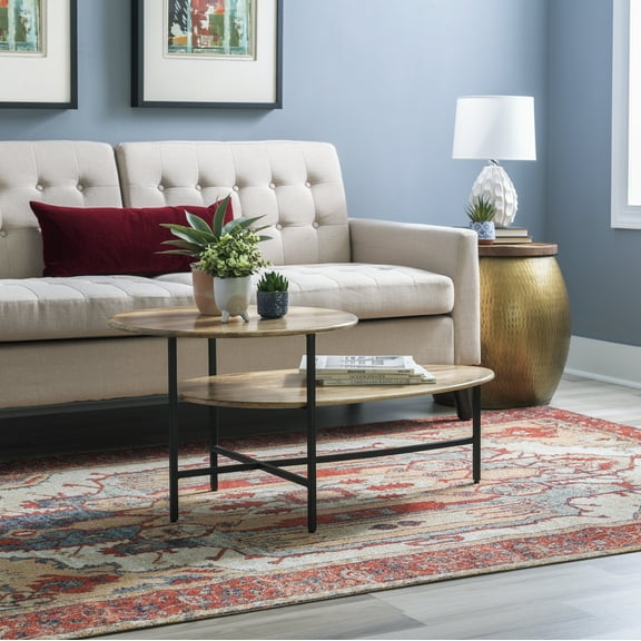 Powell Dyllan Mid-Century Modern 2-Tier Coffee Table, Black Base with Natural Top