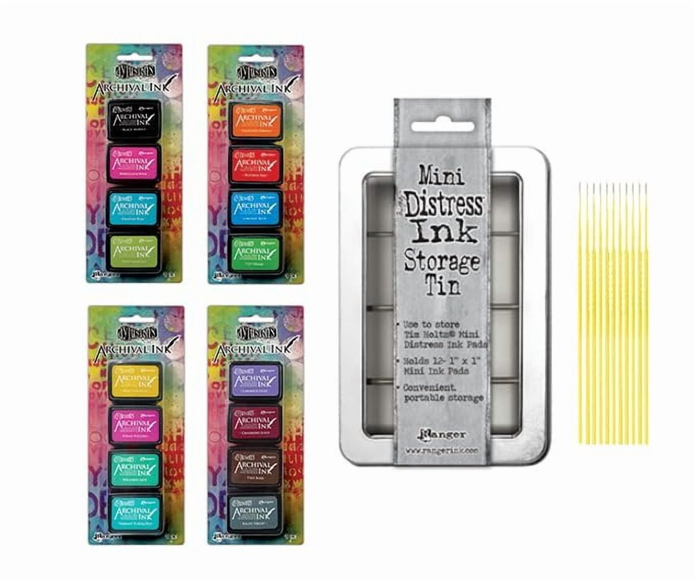 Dylusions Mini Archival Ink Pads Bundle - 16 Vibrant Ranger Dylusions Archival Mini Ink Pads with Mini Distress Ink Storage Tin and Trebbies Detail Sticks