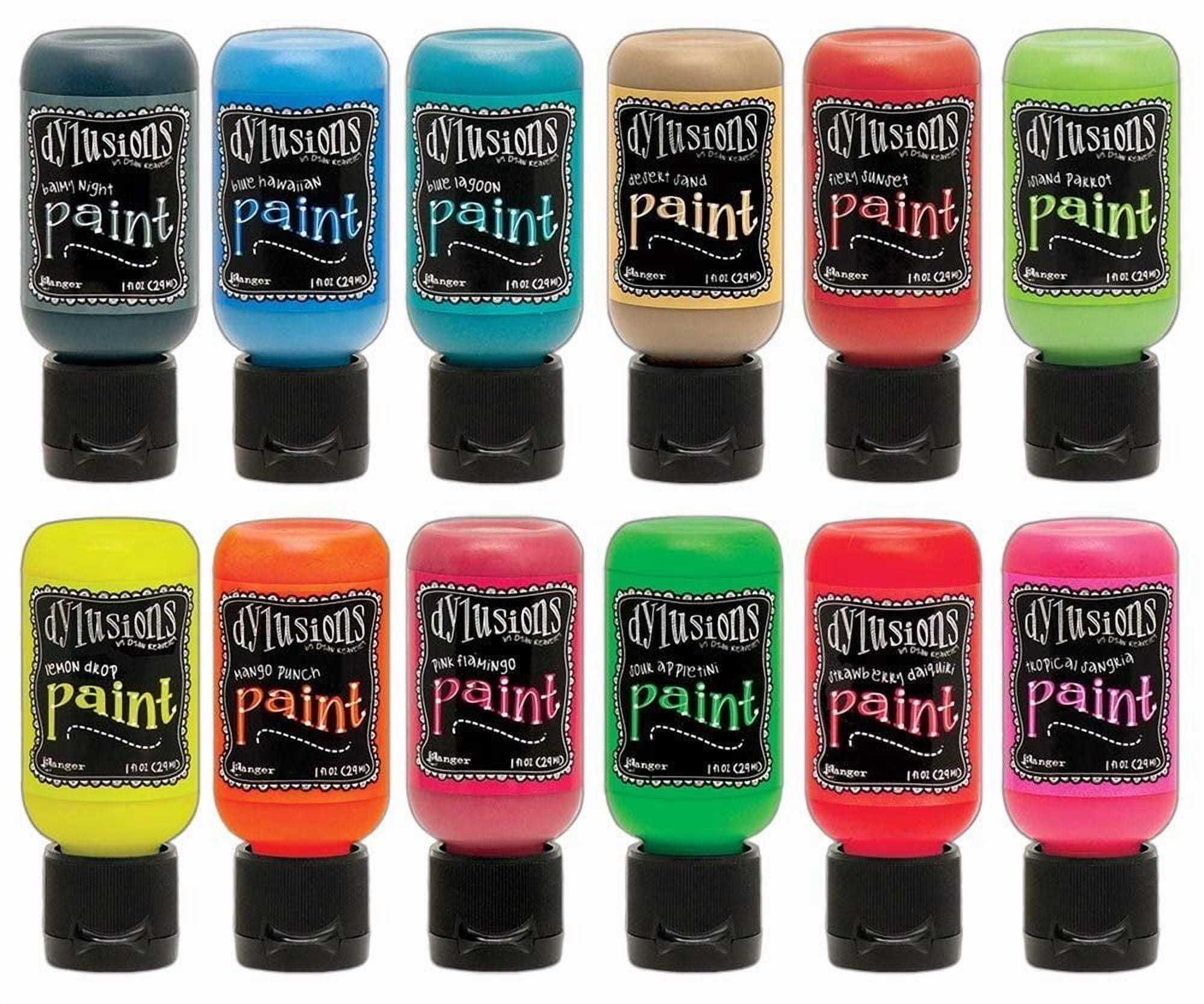 Dylusions Paints Bundle - Flip Cap Art Journal Ready Waterproof Blendable with Bonus PTP Blending Sticks! 12 Tropical
