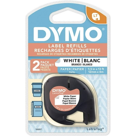 DYMO Labeling Tape for LetraTag Label Makers, Black Print on White Labels, 1/2" x 13-Foot Roll, 2 Pack