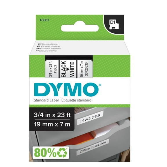 DYMO Authentic Standard D1 Labeling Tape for LabelManager Label Makers, Black print on White tape, 3/4'' W x 23' L, 1 cartridge