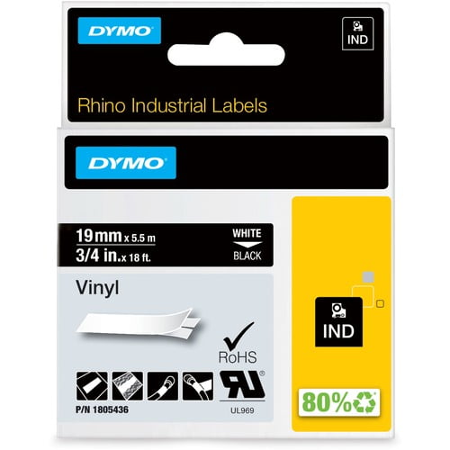 Dymo Colored 3/4" Vinyl Label Tape, 15/32" Width, Permanent Adhesive, Thermal Transfer, White, Water Resistant (1805436) | 2-Pack (2 Total)